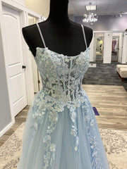 Blue Spaghetti Strap Tulle Long Prom Dresses with Lace, A-Line Evening Party Dresses