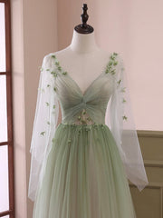 Light Green Tulle Long Sleeve Prom Dresses, Green Gradient Floor Length Evening Dresses