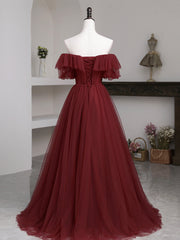 Burgundy Tulle Floor Length Prom Dresses, Simple A-Line Evening Party Dresses