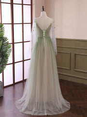 Light Green Tulle Long Sleeve Prom Dresses, Green Gradient Floor Length Evening Dresses