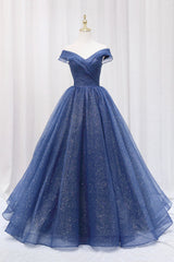 Blue Off the Shoulder Long Party Dresses Evening Gown, Blue Junior Prom Dresses