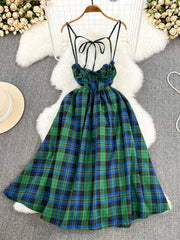 Lovely Green Plaid Halter Dresses, A-Line Fashion Dresses