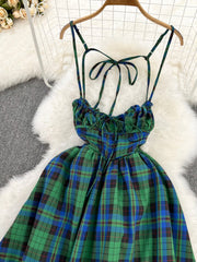 Lovely Green Plaid Halter Dresses, A-Line Fashion Dresses