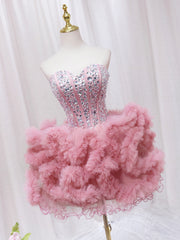 Pink Sweetheart Neckline Tulle Short Prom Dresses with Rhinestones, Cute Party Dresses