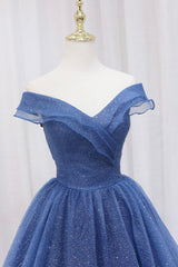 Blue Off the Shoulder Long Party Dresses Evening Gown, Blue Junior Prom Dresses