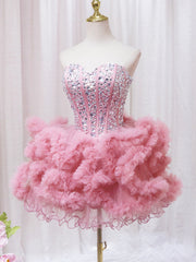 Pink Sweetheart Neckline Tulle Short Prom Dresses with Rhinestones, Cute Party Dresses