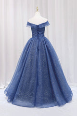 Blue Off the Shoulder Long Party Dresses Evening Gown, Blue Junior Prom Dresses