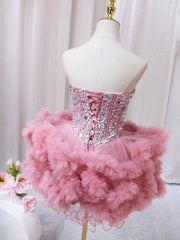 Pink Sweetheart Neckline Tulle Short Prom Dresses with Rhinestones, Cute Party Dresses