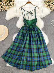 Lovely Green Plaid Halter Dresses, A-Line Fashion Dresses