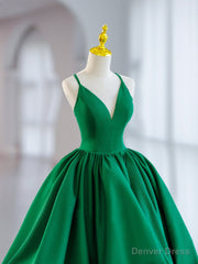 Green V-Neck Satin Short Prom Dress, A-Line Green Evening Dress