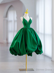 Green V-Neck Satin Short Prom Dress, A-Line Green Evening Dress