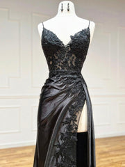 Black V-Neck Satin Lace Long Prom Dresses, Black Spaghetti Strap Evening Dresses with Slit