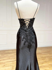 Black V-Neck Satin Lace Long Prom Dresses, Black Spaghetti Strap Evening Dresses with Slit