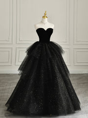 Black Strapless Tulle Formal Dresses with Velvet, A-Line Sweetheart Neck Long Prom Dresses