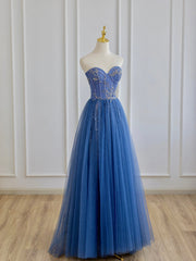 Blue Strapless Tulle Long Prom Dresses with Beaded, A-Line Evening Formal Dresses