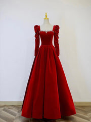 A-Line Long Sleeve Velvet Floor Length Prom Dresses, Burgundy Formal Evening Dresses