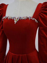 A-Line Long Sleeve Velvet Floor Length Prom Dresses, Burgundy Formal Evening Dresses