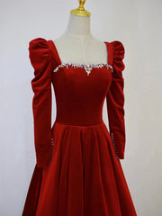 A-Line Long Sleeve Velvet Floor Length Prom Dresses, Burgundy Formal Evening Dresses