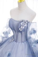 Blue Tulle Long Sleeve Prom Dress, A-Line Off the Shoulder Evening Gown