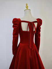 A-Line Long Sleeve Velvet Floor Length Prom Dresses, Burgundy Formal Evening Dresses