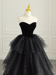 Black Strapless Tulle Formal Dresses with Velvet, A-Line Sweetheart Neck Long Prom Dresses