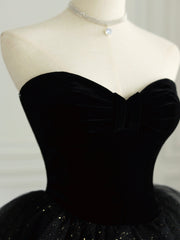 Black Strapless Tulle Formal Dresses with Velvet, A-Line Sweetheart Neck Long Prom Dresses