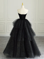 Black Strapless Tulle Formal Dresses with Velvet, A-Line Sweetheart Neck Long Prom Dresses