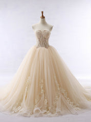 Lace Applique Champagne Tulle Sweetheart Neckline Wedding Dress