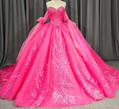 Lace Hot Pink Sequins Ball Gown Quincea?era Dresses