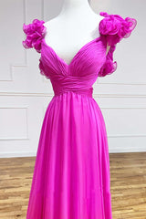 Lace-Up Fuchsia V-Neck Ruffle Pleated Long Prom Dresses