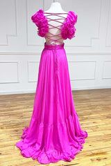 Lace-Up Fuchsia V-Neck Ruffle Pleated Long Prom Dresses