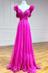 Lace-Up Fuchsia V-Neck Ruffle Pleated Long Prom Dresses