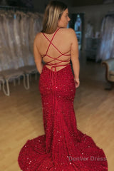 Lace-Up Mermaid Sparkly Burgundy Sequins Long Prom Dress with Slit