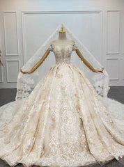 Largest Luxury Champagne Ball Gown Tulle Appliques Beading Off the Shoulder Wedding Dresses