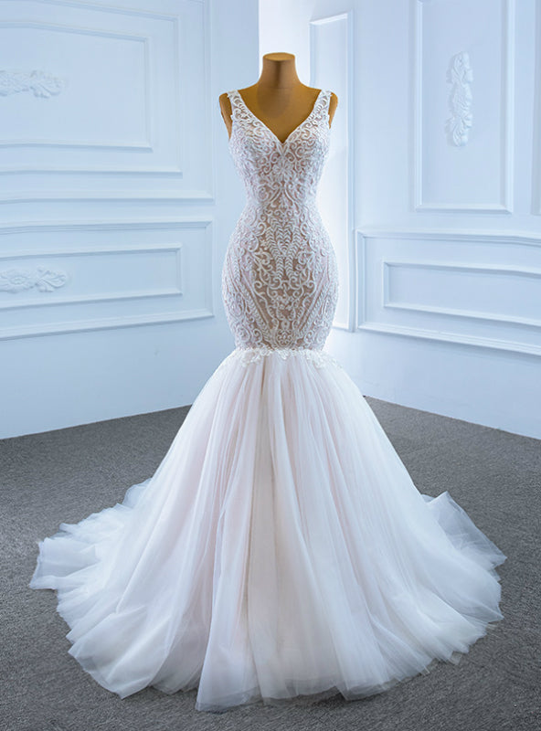 Largest Sexy White Mermaid Tulle V-neck Appliques Formal Wedding Dress