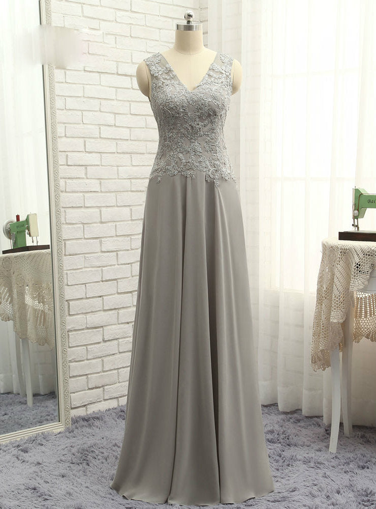 Latest Gray Mother Of The Bride Dresses A-line V-neck Chiffon Lace