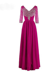 Latest Long Evening Dresses With 3/4 Sleeves V-neck Beadings Chiffon