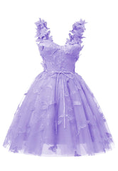 Lavanda 3d fluture din dantelă Aplicație Tulle Rochie Homecoming pentru adolescenți Sweetheart mini rochii de bal scurte