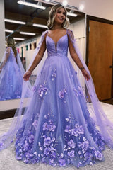 Lavender 3D Floral Lace A-Line Prom Dress with Cape Sleeves