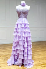 Lavender A line High Neck Tiered Chiffon Prom Dresses with 3D Flower