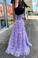 Lavendel Glitzer Tüll Korsett Rüschenstufe langen Abschlussballkleid mit Schlitz