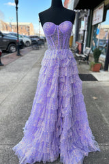 Lavender Glitter Tulle Corset Ruffle Tiered Long Prom Dresses with Slit