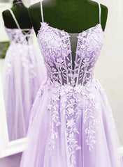 Lavender Lace Applique Tulle A-line Party Dresses, Floor Length Evening Gown