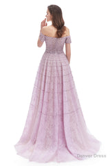 Lavender Lace Off the Shoulder Beaded Sequins Sweep-Train A-Line Prom Dresses