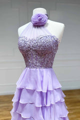 Lavender Long Tiered Prom Dresses Ruffle High Neck With 3D Flower