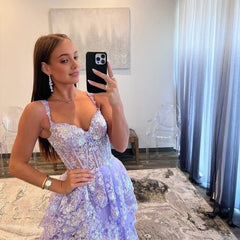 Lavender Princess A Line Off the Shoulder Corset Prom Dresses with Lace Ruffles