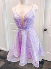 Lavender Sequins Spaghetti Straps Homecoming Dresses