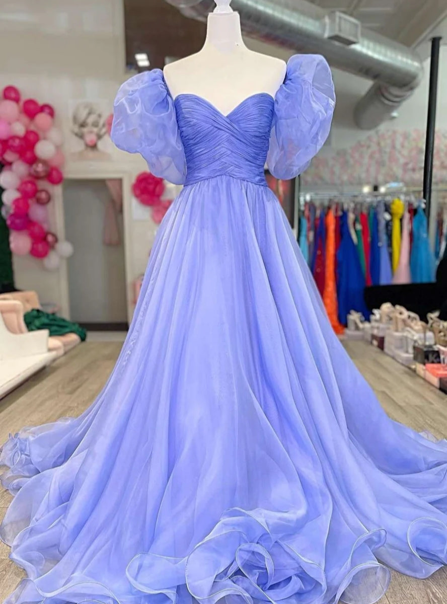 Lavender Square Neck Puff Sleeve Pleats Prom Dress