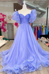 Lavender Strapless A-Line Prom Dresses with Puff Sleeves