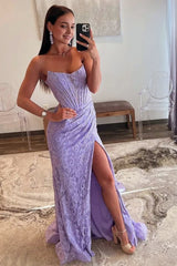 Lavanda sem alça de renda Ruched Mermaid Prom Dress com fenda